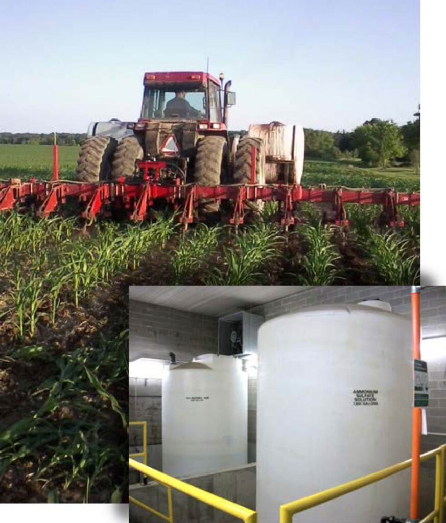Picture of farmer spraying fertilizer on field with a subset image of ammonia storage tanks